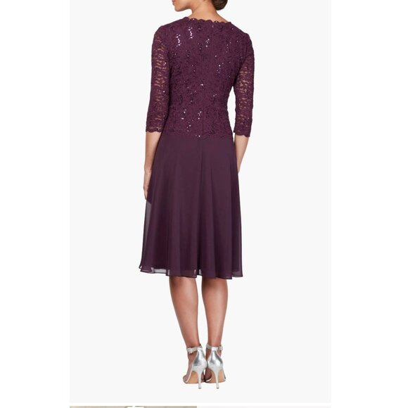Alex Evenings Faux Two-Piece Cocktail Dress Deep Plum Lace Chiffon Dress Size 12 - Picture 2 of 11